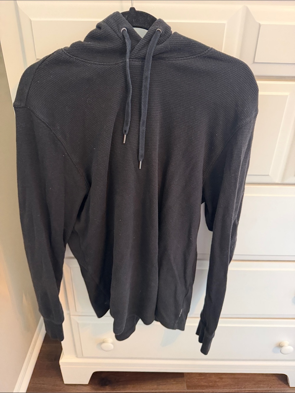 American Eagle Black Waffle-Knit Hooded Pullover